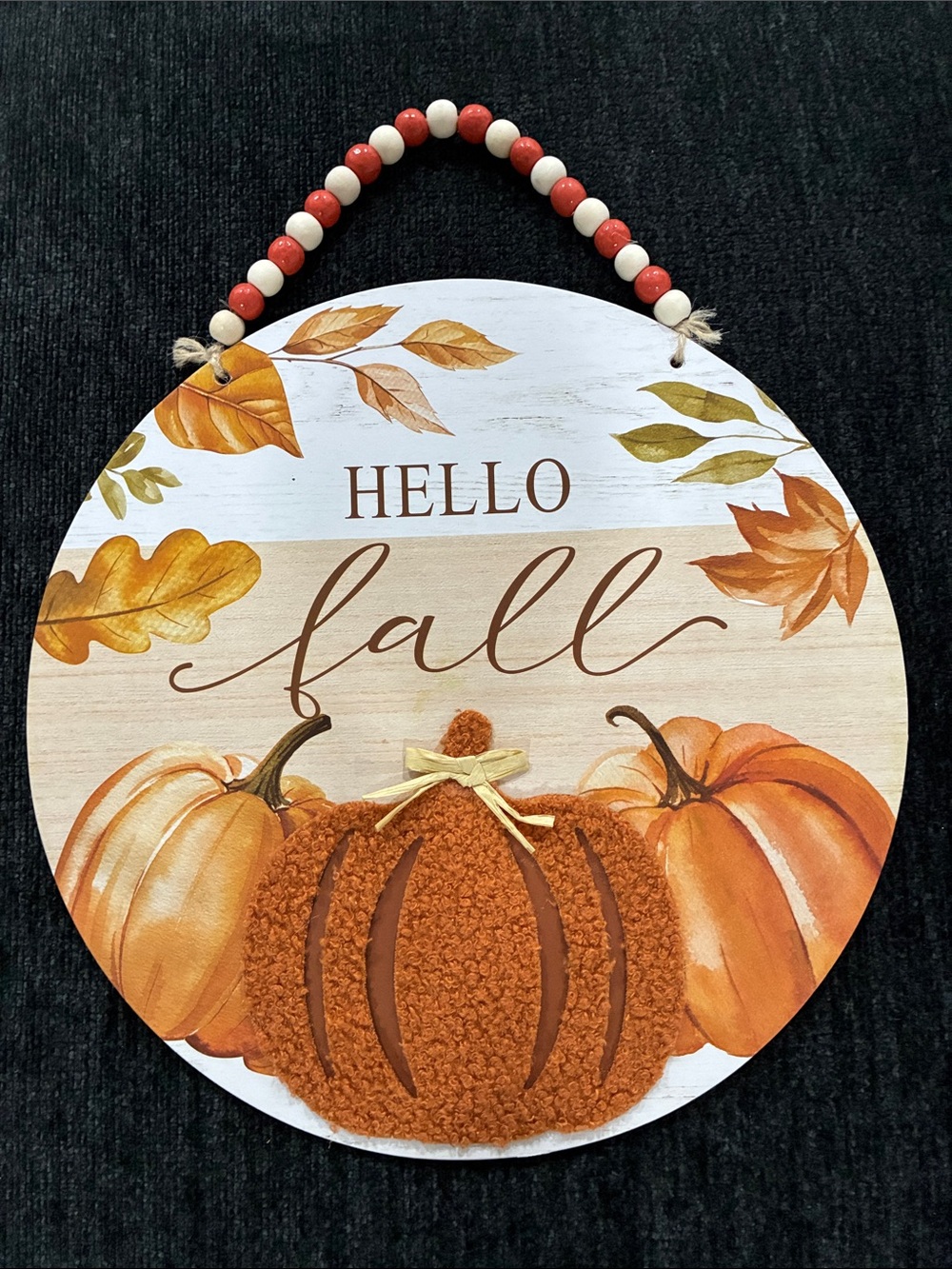 NWT- Beautiful Hello Fall Fuzzy Pumpkin Wall  Decor Sign w/ Beaded Hanger